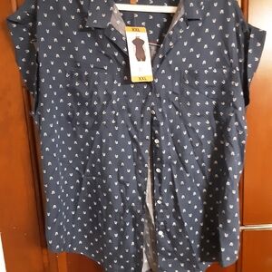 Navy Blue Button-Up Short Sleeve Shirt with White Micro Print Size XXL